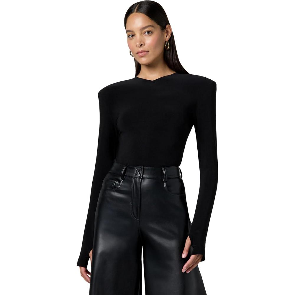 imageNorma Kamali Womens Long Sleeve Shoulder Pad V Neck TopBlack