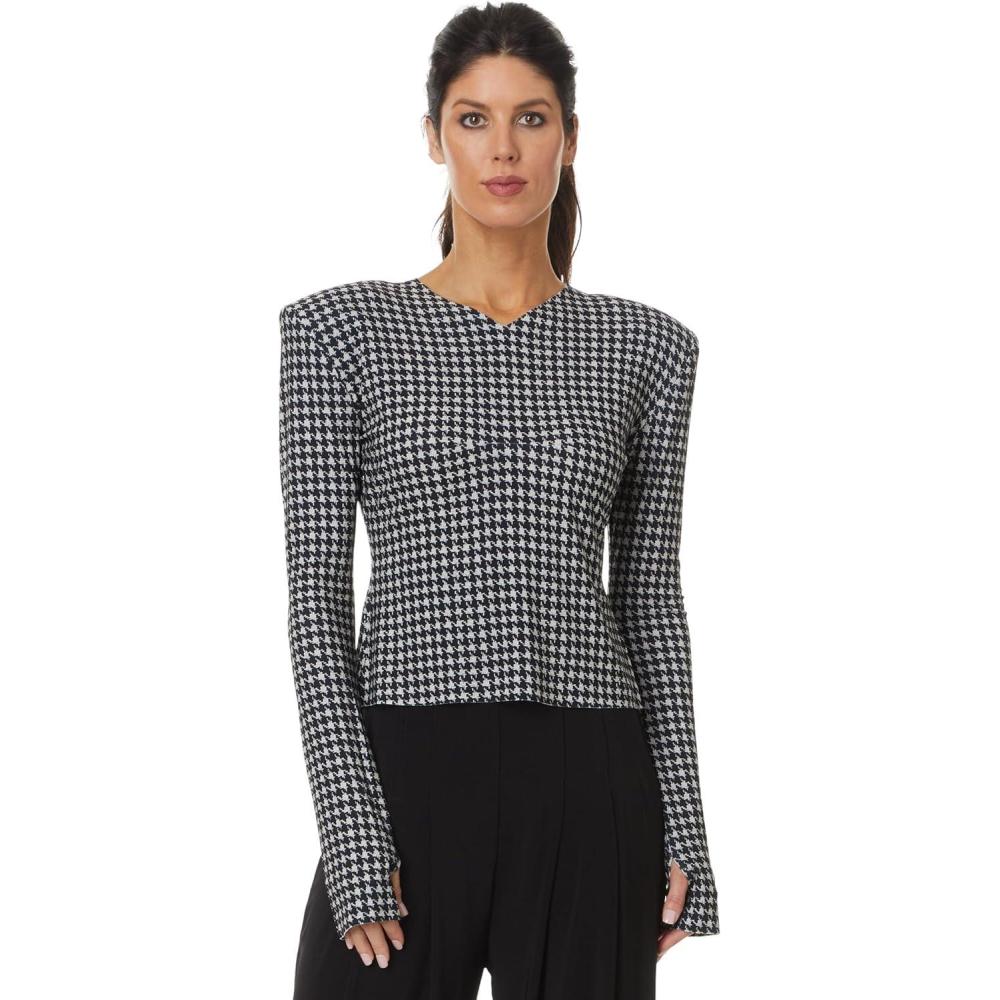 imageNorma Kamali Womens Long Sleeve Shoulder Pad V Neck TopLarge Houndstooth