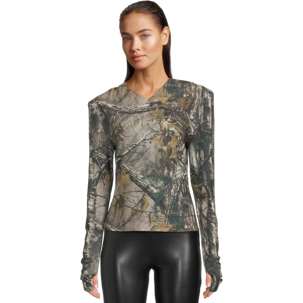 imageNorma Kamali Womens Long Sleeve Shoulder Pad V Neck TopTrees