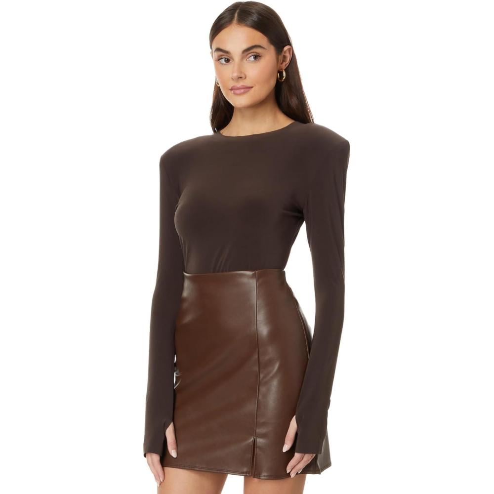 imageNorma Kamali Womens Shoulder Pad Long Sleeve Crew TopChocolate