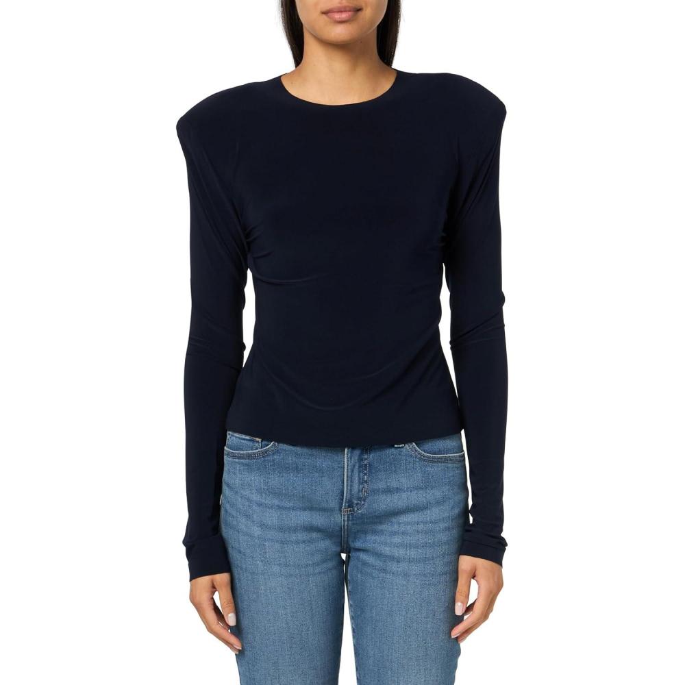 imageNorma Kamali Womens Shoulder Pad Long Sleeve Crew TopMidnight