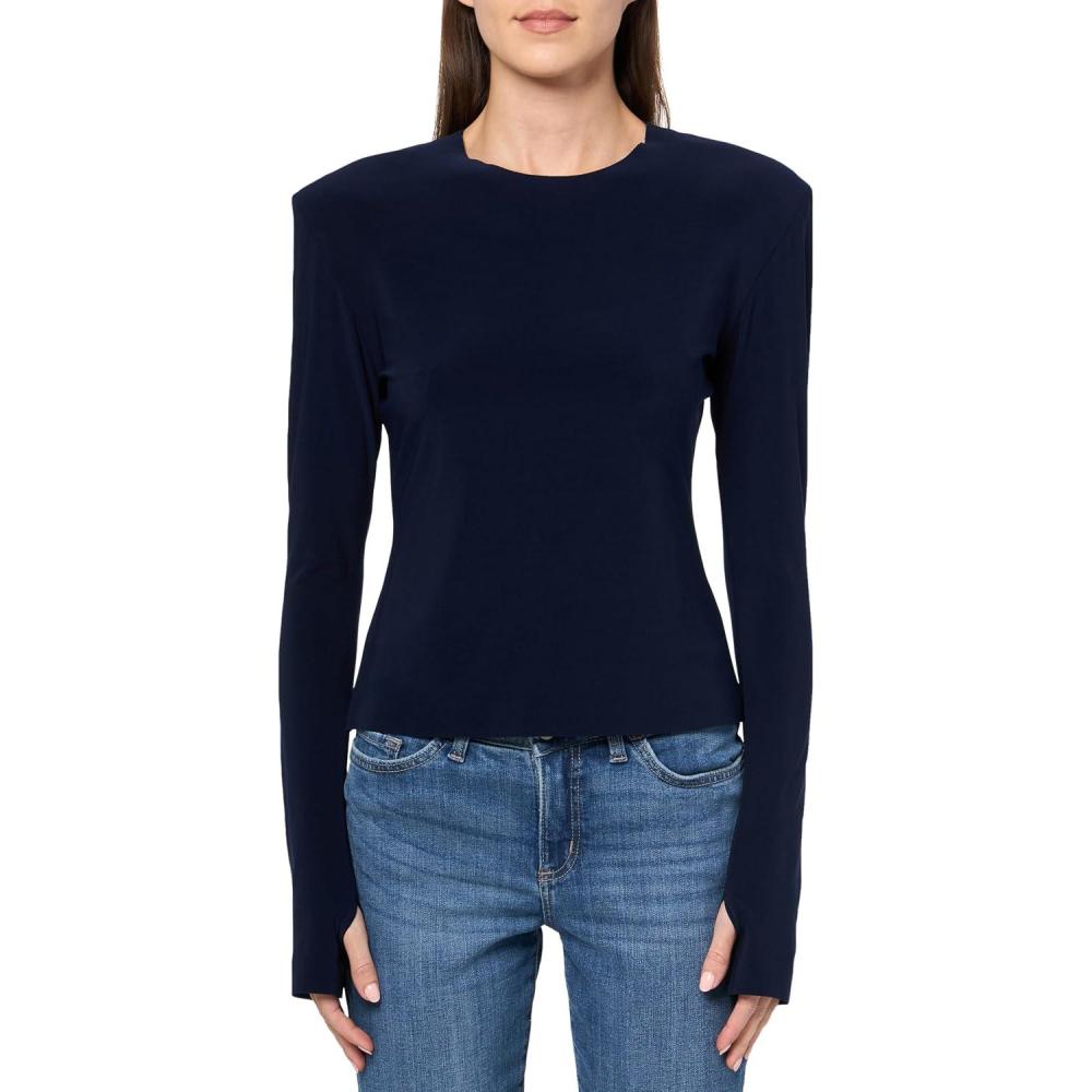 imageNorma Kamali Womens Shoulder Pad Long Sleeve Crew TopTrue Navy
