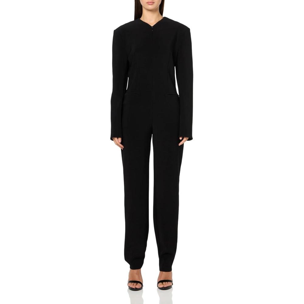 imageNorma Kamali womens Ls Shoulder Pad V Neck Zip Front Tapered Leg JumpsBlack