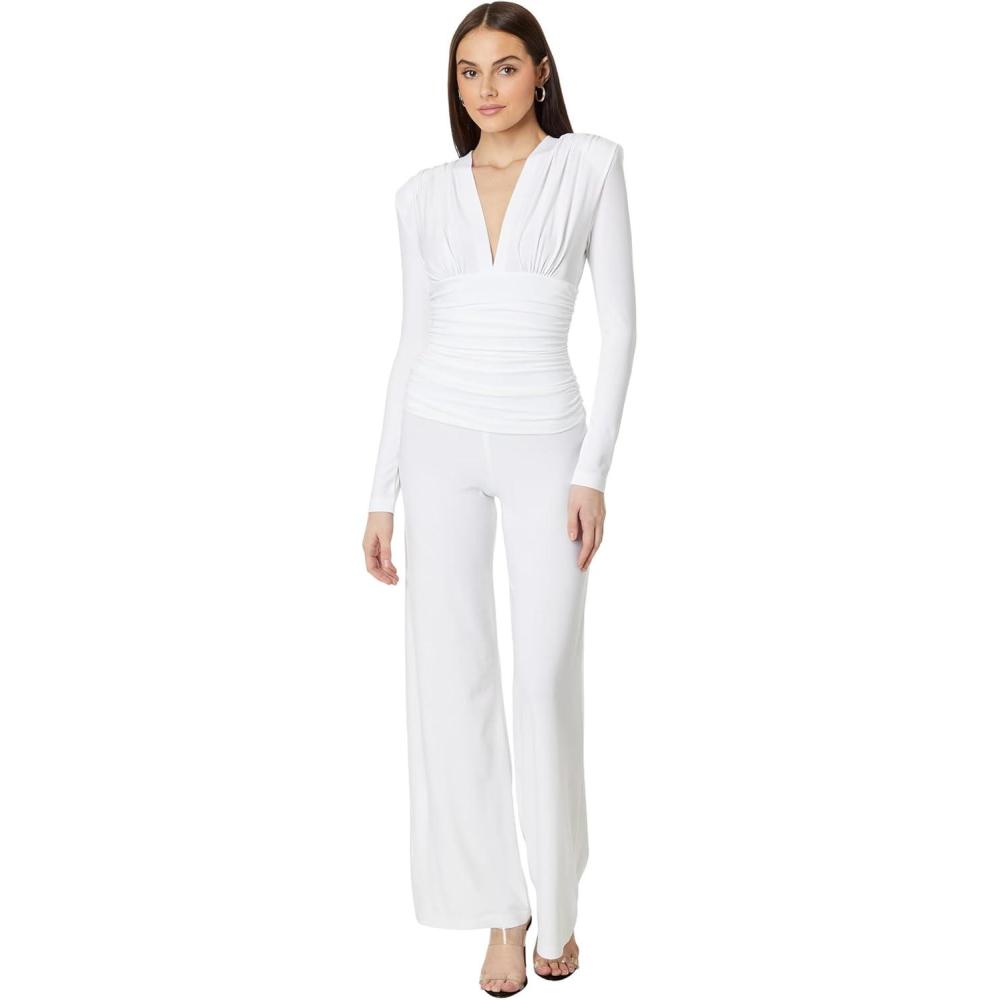 imageNorma Kamali womens V Neck LS Shirred Waist Jumpsuit WShoulder PadsSnow White