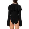 NORMA KAMALI LONG SLEEVE DEEP V RUFFLE BODYSUIT, BLACK, L