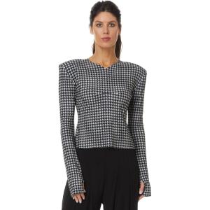 Norma Kamali Womens Long Sleeve Shoulder Pad V Neck Top(Large Houndstooth)