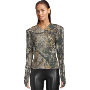 Norma Kamali Womens Long Sleeve Shoulder Pad V Neck Top(Trees)