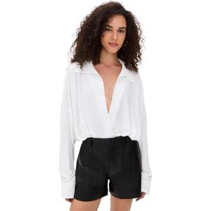 Norma Kamali Women’s Super Oversized Boyfriend Neck Shirt Bodysuit(Snow White)