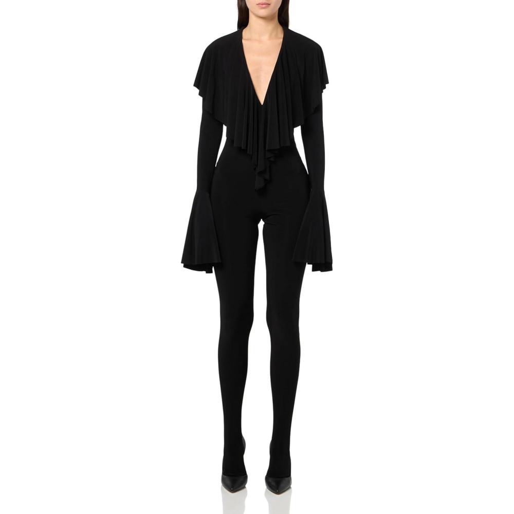 imageNorma Kamali womens Long Sleeve Deep V Ruffle Catsuit WFootieBlack