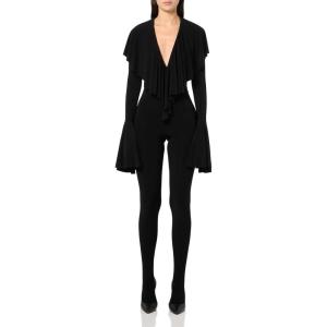 Norma Kamali womens Long Sleeve Deep V Ruffle Catsuit W/Footie(Black)