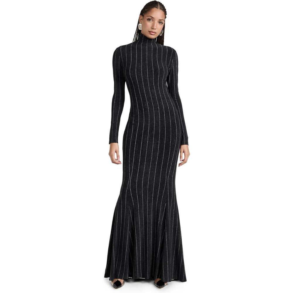 imageNorma Kamali Womens Long Sleeve Turtle Fishtail GownWoven Pinstripe