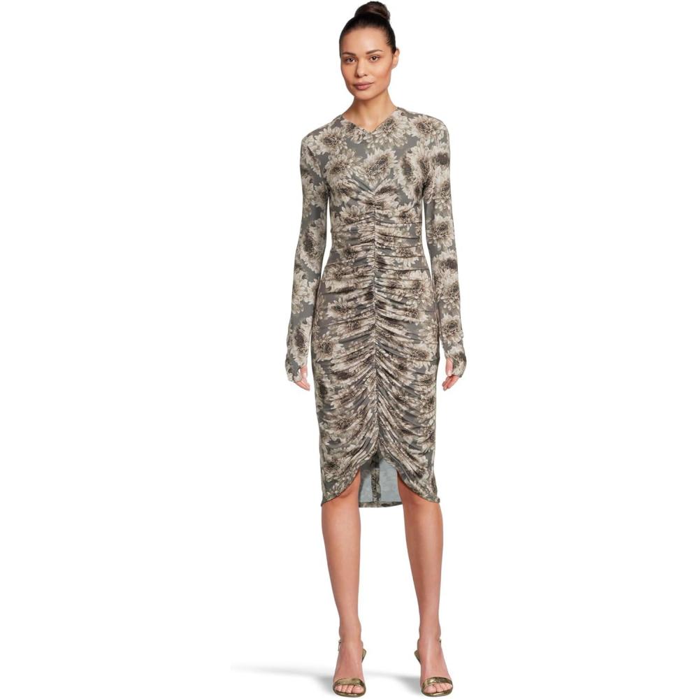 imageNorma Kamali Womens Long Sleeve V Neck Shirred Front Dress to KneeFall Flowers