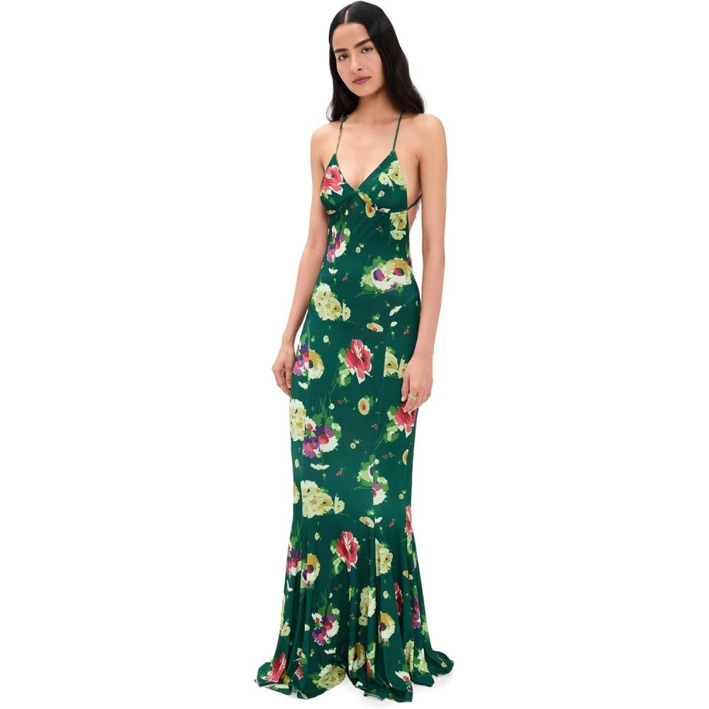 imageNorma Kamali Womens Low Back Slip Fishtail GownFloral Green Multi
