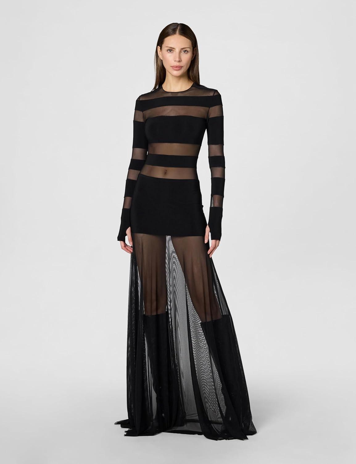 imageNorma Kamali Womens Spliced Long Sleeve Flared Gown WMesh SkirtBlackBlack Mesh