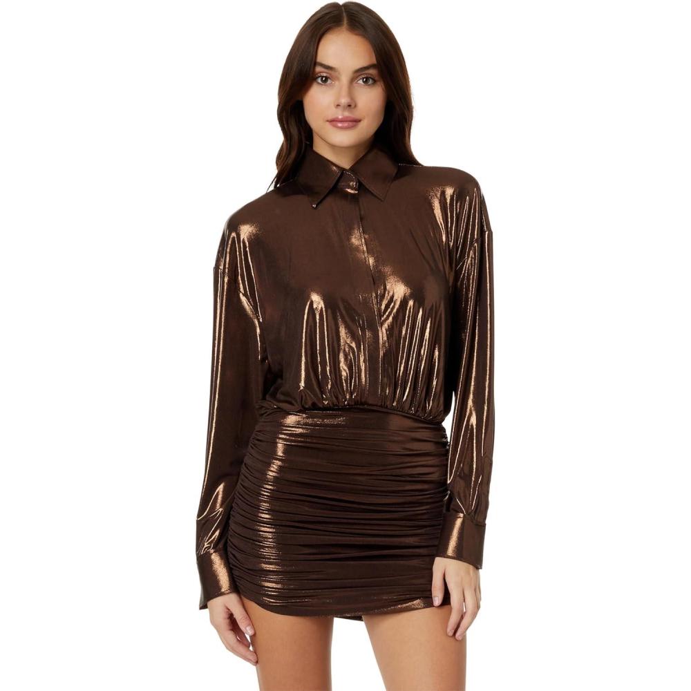 imageNorma Kamali Womens Oversized Bf Nk Shirt Shirred Bottom Mini DressChocolate