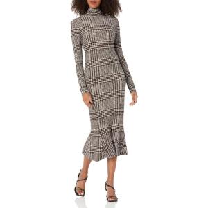 Norma Kamali Womens Long Sleeve Turtle Fishtail Dress to Midcalf(Choc Glenn Plaid Twd)