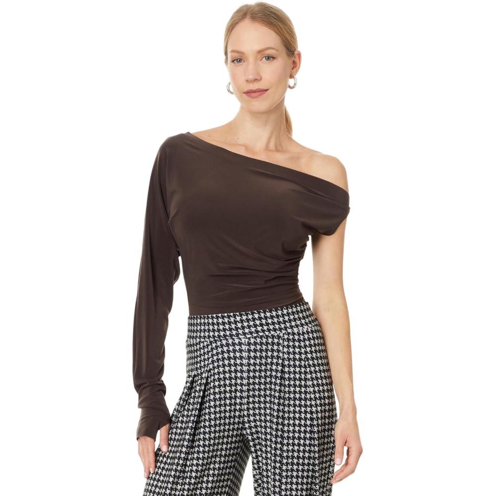 imageNorma Kamali Womens One Sleeve Drop Shoulder Side Drape TopChocolate