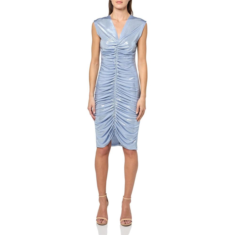 imageNorma Kamali Womens Sleeveless Deep V Neck Shirred Front Dress to KneeMisty Blue