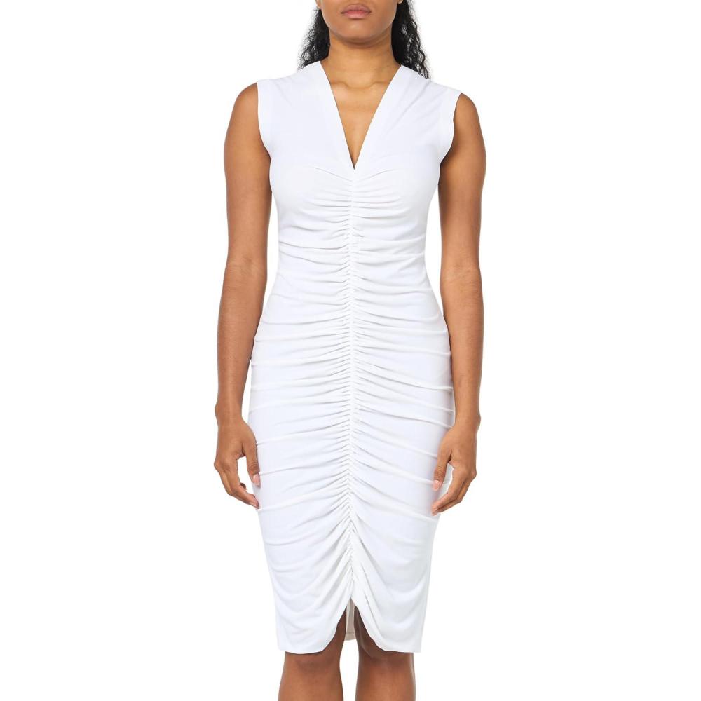 imageNorma Kamali Womens Sleeveless Deep V Neck Shirred Front Dress to KneeSnow White