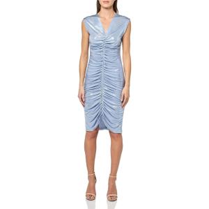 Norma Kamali Women’s Sleeveless Deep V Neck Shirred Front Dress to Knee(Misty Blue)