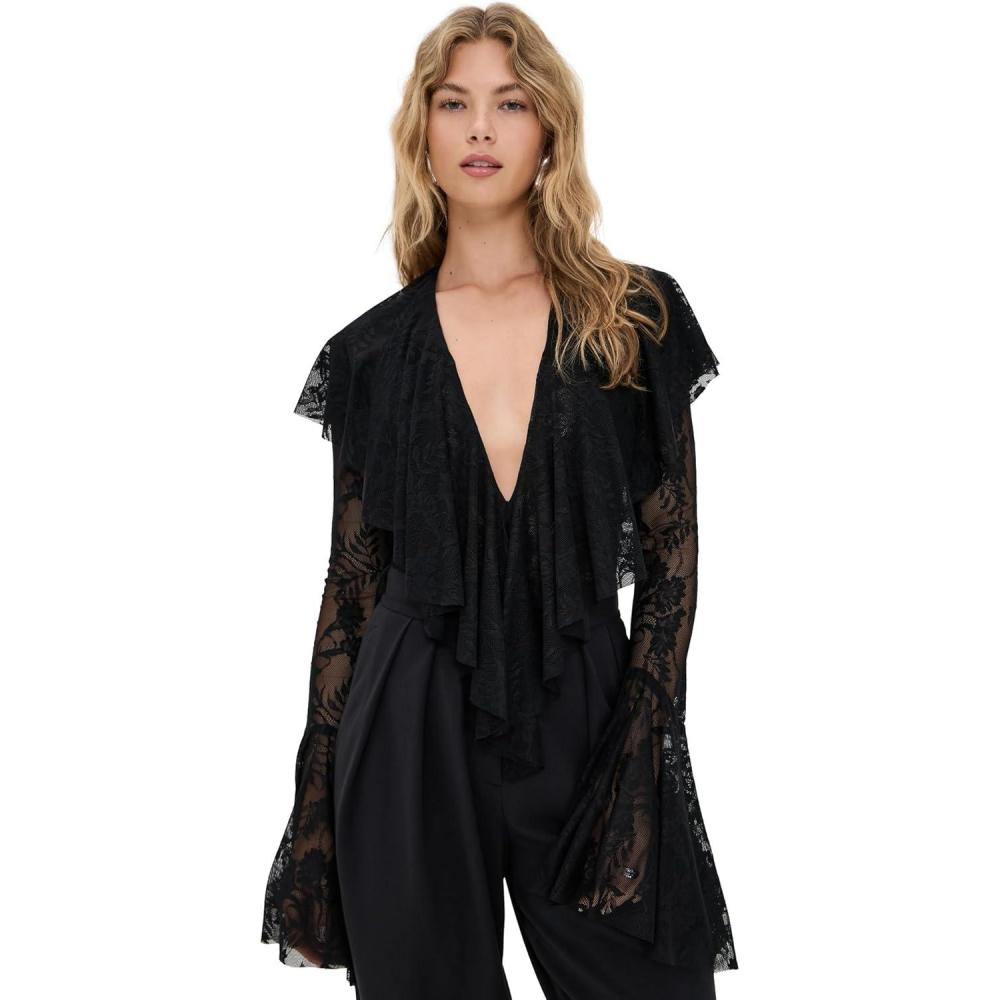 image:imageNorma Kamali Womens Long Sleeve Deep V Ruffle BodysuitBlack