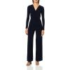 Norma Kamali womens V Neck Longsleeve Shirred Waist Jumpsuit (24)(Midnight)