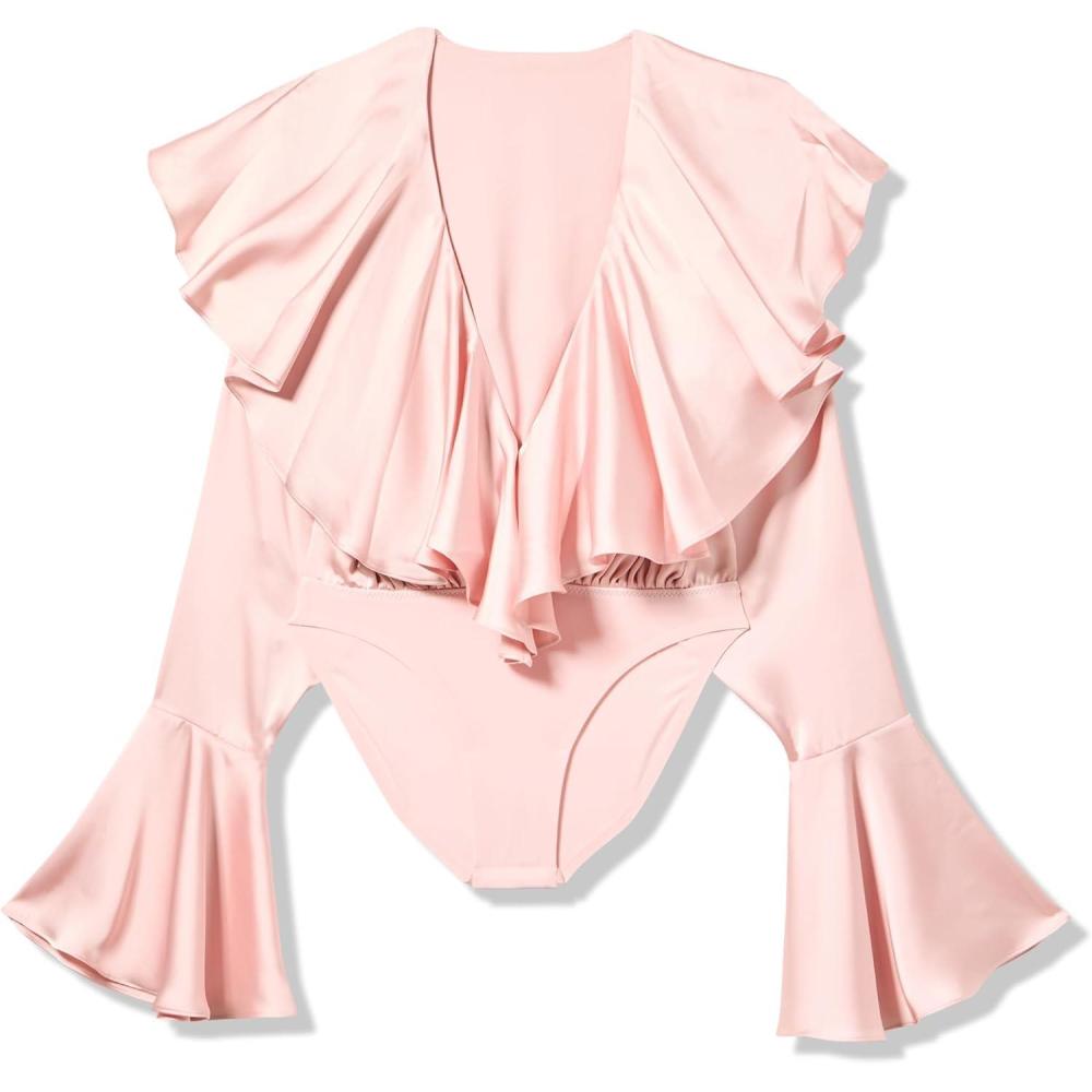image:imageNorma Kamali Womens Long Sleeve Deep V Ruffle BodysuitBallet Pink