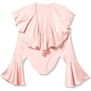 Norma Kamali Women’s Long Sleeve Deep V Ruffle Bodysuit(Ballet Pink)