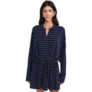 Norma Kamali Women’s Super Oversized Shirt Flared Mini Dress(True Navy Pinstripe)
