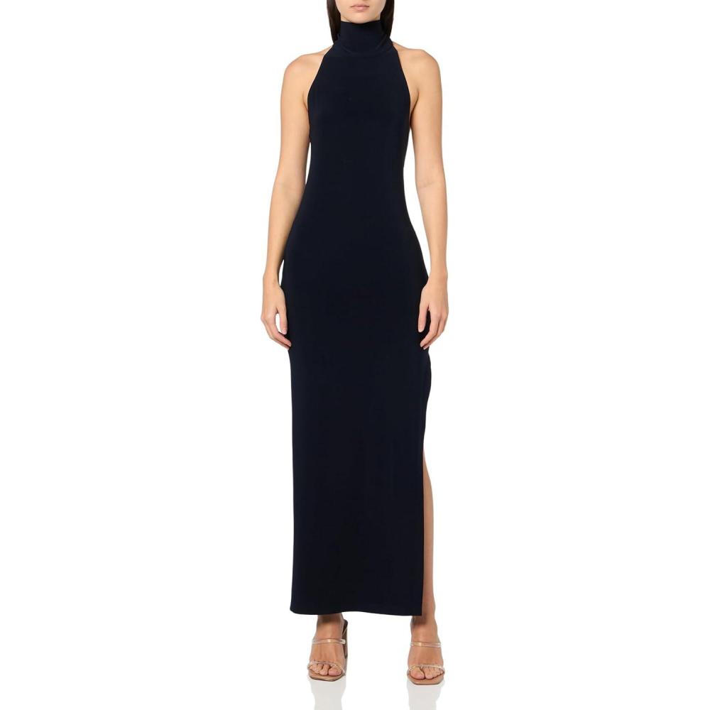 image:imageNorma Kamali Womens Halter Turtle Side Slit Gown 24Midnight