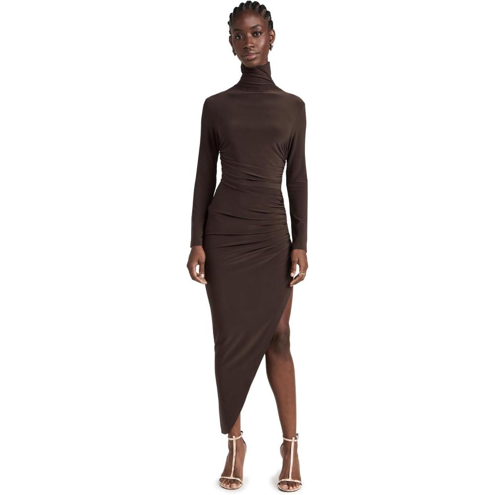 image:imageNorma Kamali Womens Long Sleeve Turtle Neck Side Drape GownChocolate