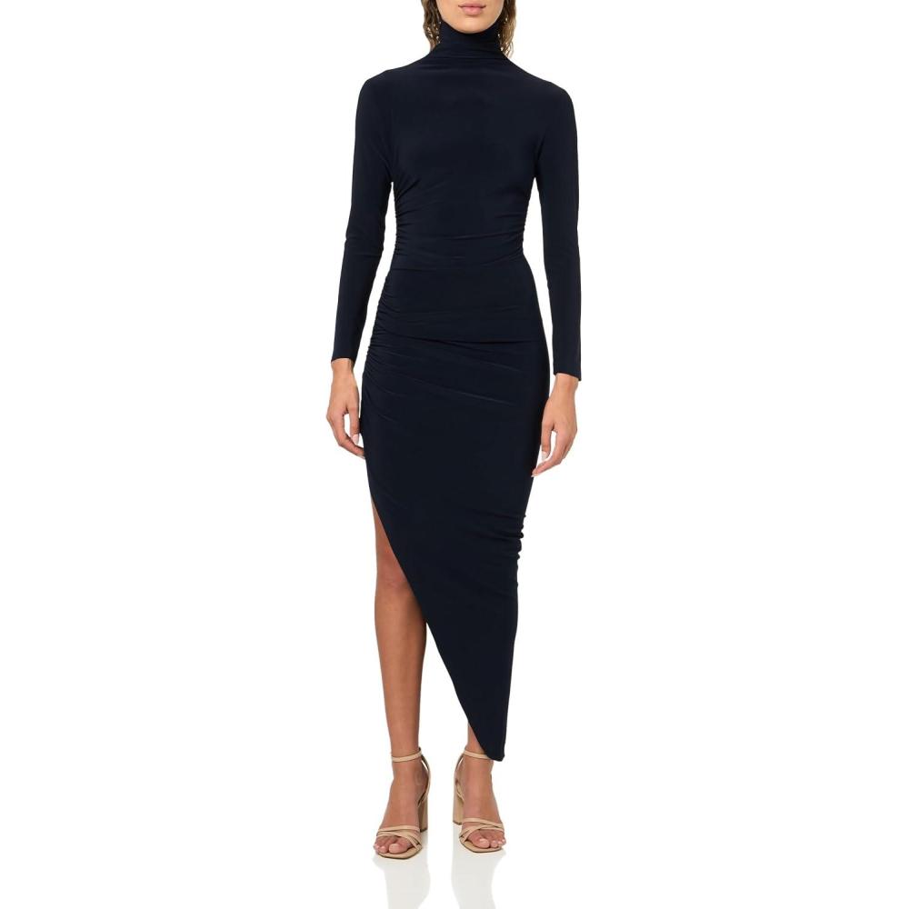 image:imageNORMA KAMALI Womens Long Sleeve Turtle Neck Side Drape GownMidnight