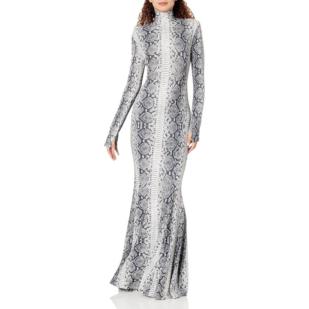 image:imageNorma Kamali Womens Long Sleeve Turtle Fishtail GownBlackWhite Python