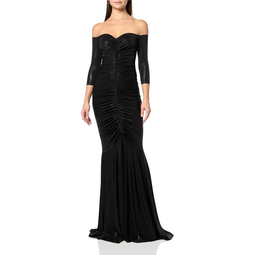 image:imageNorma Kamali Womens Off Shoulder Shirred Front Fishtail GownBlack