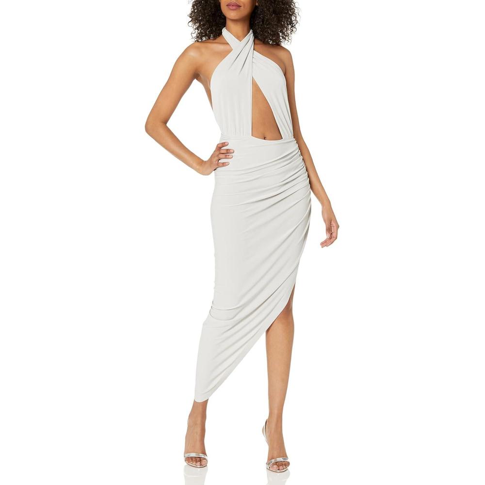 image:imageNorma Kamali Womens Cross Halter Side Drape GownCocktail DressFog