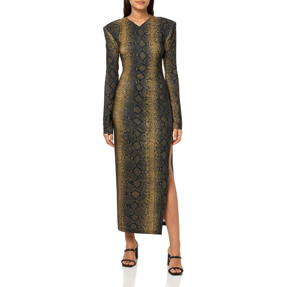 image:imageNorma Kamali Womens Long Sleeve Shoulder Pad Side Slit GownPython