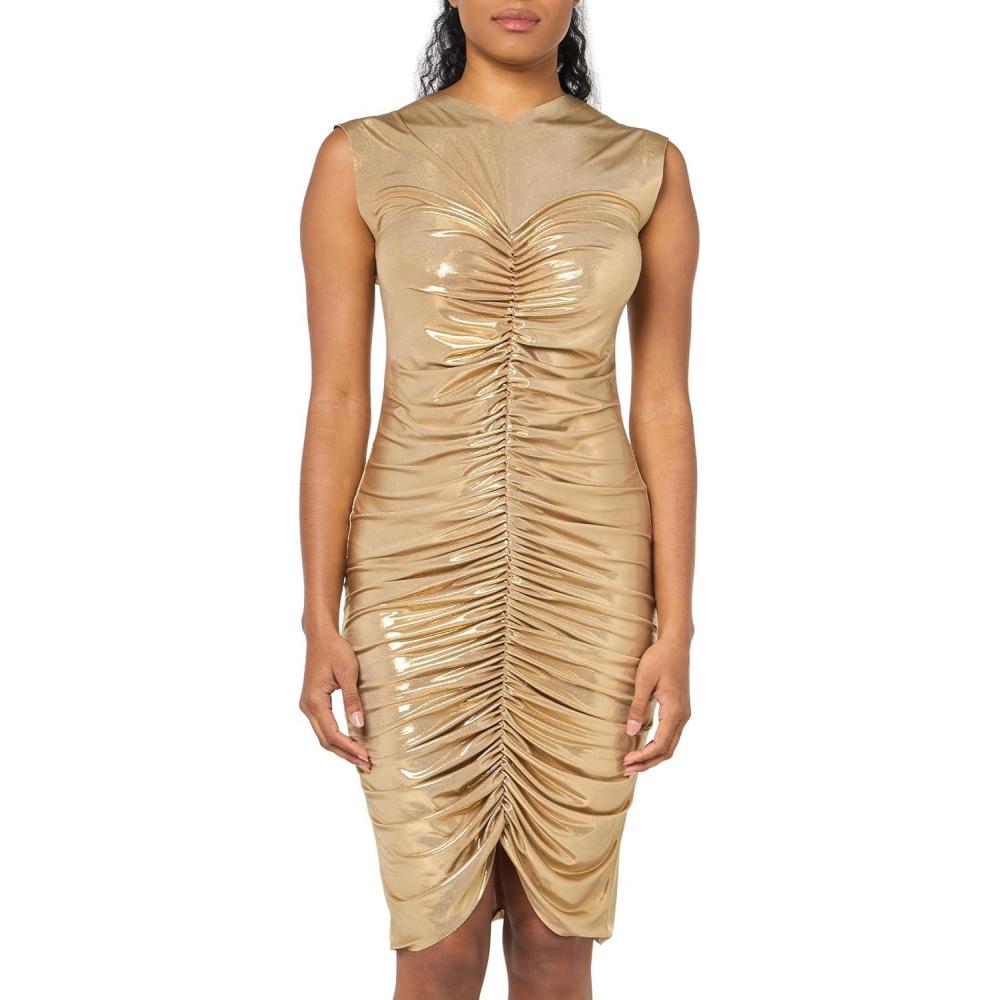 image:imageNorma Kamali Womens Sleeveless V Neck Shirred Front Dress to KneeGold