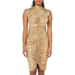 Norma Kamali Women’s Sleeveless V Neck Shirred Front Dress to Knee(Gold)