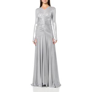 Norma Kamali Women’s Long Sleeve V Neck Shirred Front Flared Gown(Silver)