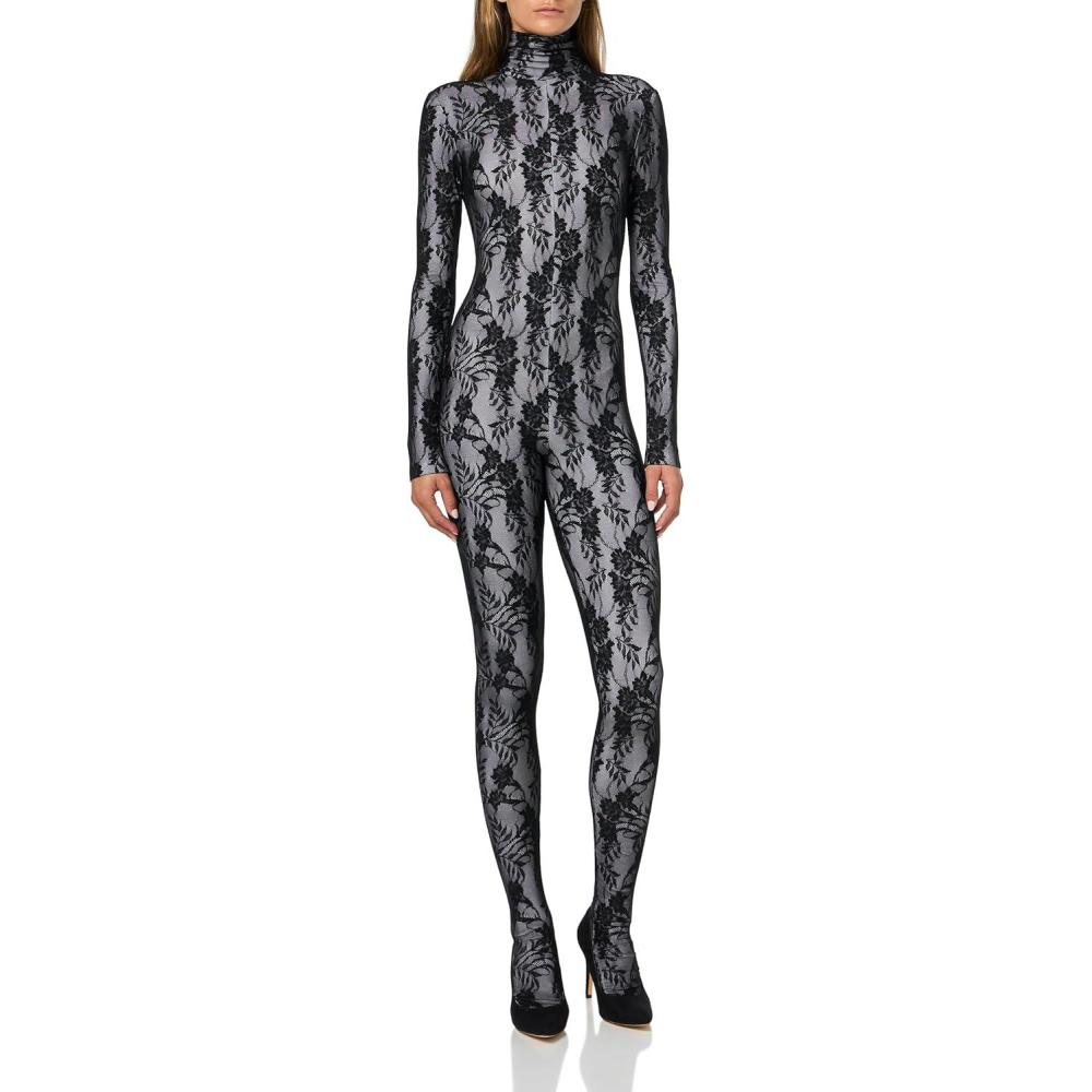 image:imageNorma Kamali Womens Long Sleeve Slim Fit Turtle Catsuit WFootieBlk Stretch LaceWht