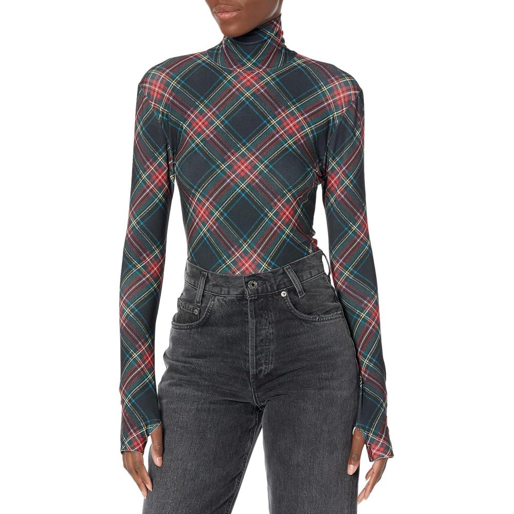 image:imageNorma Kamali Womens Slim Fit Long Sleeve Turtle TopBlack Tartan