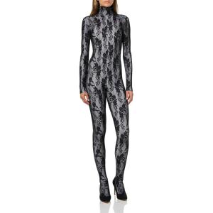 Norma Kamali Women’s Long Sleeve Slim Fit Turtle Catsuit W/Footie(Blk Stretch Lace/Wht)
