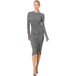 Norma Kamali Women’s Long Sleeve V Neck Shirred Front Dress to Knee(Large Houndstooth)